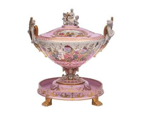 A large Sèvres-style porcelain centrepiece, cover and stand with bisque handles and finial, decorated with a wide band of bir