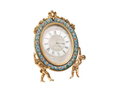 A champlevé enamel easel mantel timepiece,  the eight-day duration timepiece movement having a lever escapement with the silv