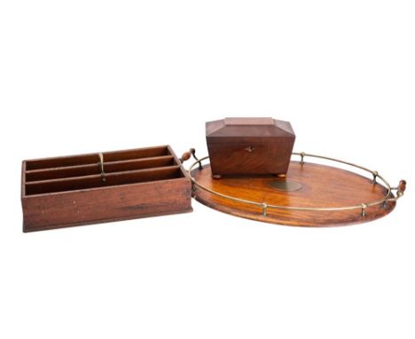 An Edwardian oak and brass tray of oval outline, 63cm wide, a Regency tea caddy of sarcophagus outline, 25cm wide and a cutle