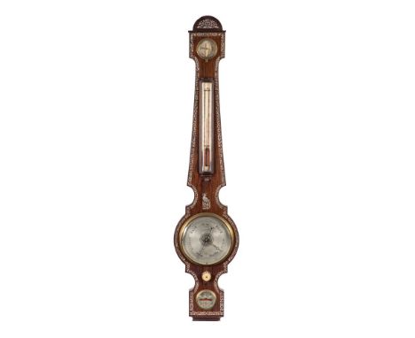 Amadio, London a rosewood inlaid wheel barometer, the eight-inch silvered dial with usual barometer markings and engraved wit