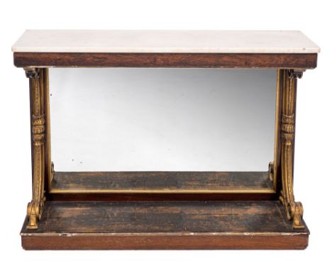 A Regency rosewood and carved giltwood console table, circa 1815; surmounted by a rectangular panel of white marble, with ree