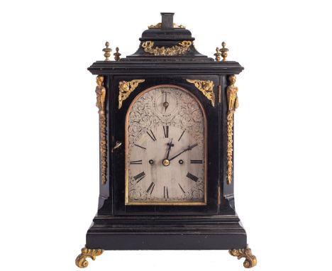 A Victorian ebonised bracket clock,  the eight-day duration, double-fusee movement striking the hours on a gong, the five-inc