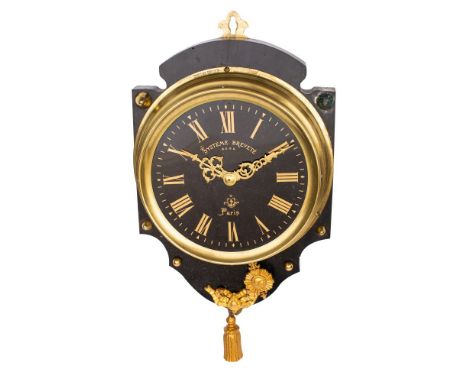 Systeme Brevete, Paris, an unusual wall clock, the black dial with gilt Roman numerals and signed Systeme Brevete, Paris and 