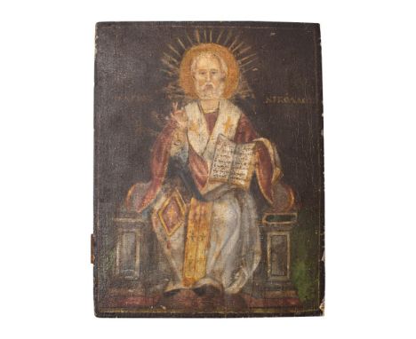 A late 19th century Greek icon depicting a seated Saint Nicholas giving a blessing whilst holding a bible, oil on panel, 