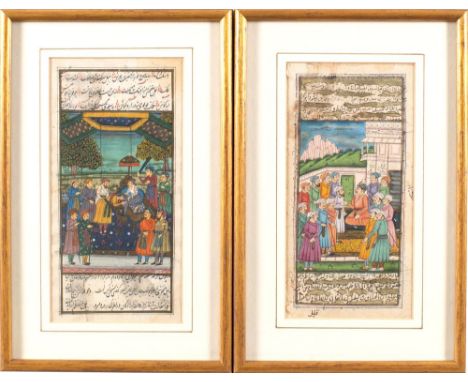 A group of six Persian 'miniature' paintings on paper subjects include;- court scenes, hunting scene, young lovers, various s