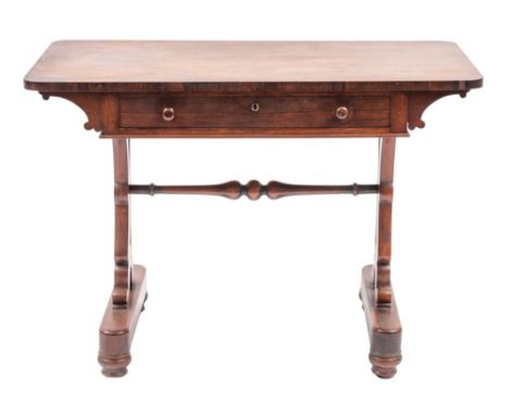 A Regency rosewood sofa table, circa 1815; the frieze drawer to the front with twin turned knob handles, a conforming faux dr