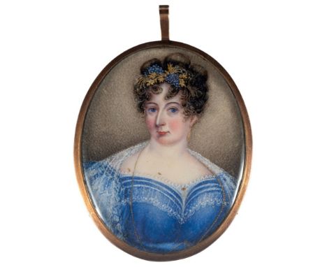 Continental School, circa 1825A miniature portrait of a ladywearing a blue, lace-trimmed dress, gold chain, the hair in ringl