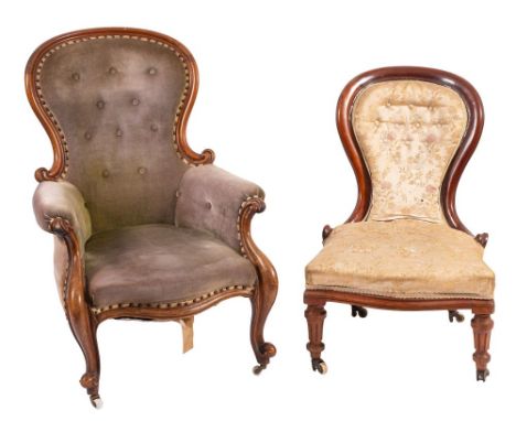 A Victorian carved walnut and button upholstered armchair, circa 1865; the show frame of the slipper back and the fronts of t