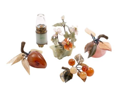 Four hardstone fruit and flower displays  together with a miniature lamp, 9cm high.