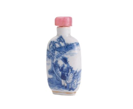 A Chinese blue and white porcelain snuff bottle and stopper, a scroll painting on silk [framed] and two scroll prints,  the b