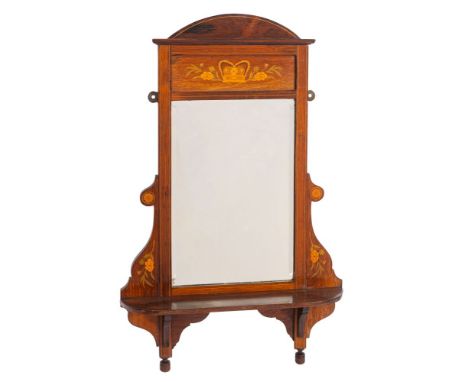 A Victorian mahogany and marquetry wall mirror with shelf, late 19th century; the arched pediment above a recessed panel deco