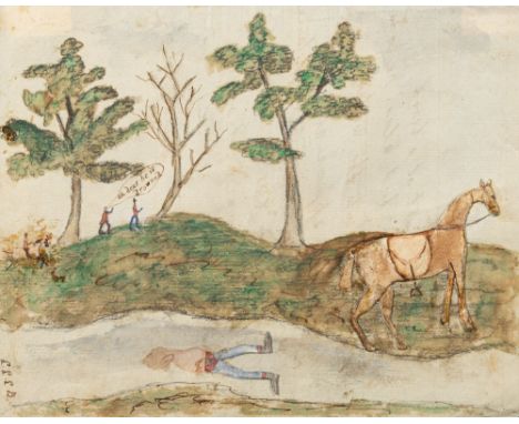 Lt Lambton Lee Lorraine Bevan (British, circa 1845 - ?)'Oh dear, he is drowned', 1858A naive rendition of a hunting incident,