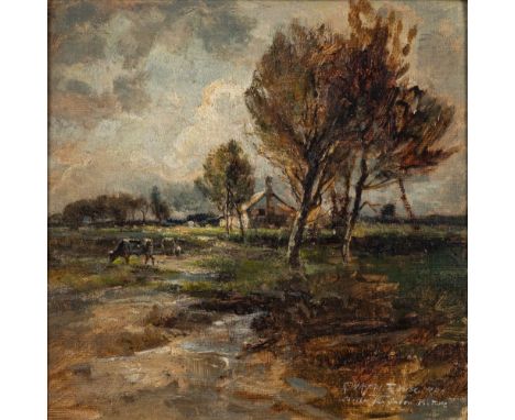 Robert William Arthur Rouse [1867-1951]'Sketch for Salon Picture',cattle in a river landscape, a farm in the distance,signed 