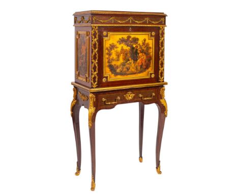 A kingwood, gilt metal mounted and japanned secretaire cabinet on stand in Louis XV taste, early 20th century; the frieze wit