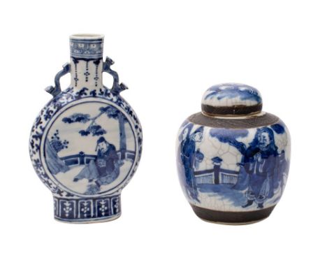 A Chinese porcelain moon flask and a crackle ware jar and cover, the former of flattened circular form with ruyi sceptre hand