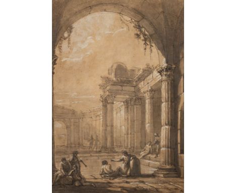Attributed to Charles-Louis Clérisseau (French, 1721-1820)Ruins of a Roman Bath with figuresthe reverse later inscribed 'A Ro