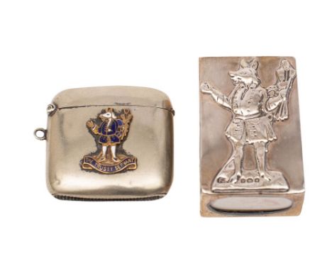 A silver Trusty Servant match box sleeve, London 1930; the figure applied in relief to the top, the sides open for striking; 