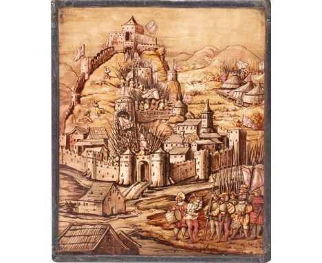 A 19th century stained glass panel depicting a city under siege, with armies encamped outside the city walls, 24 x 20cm.