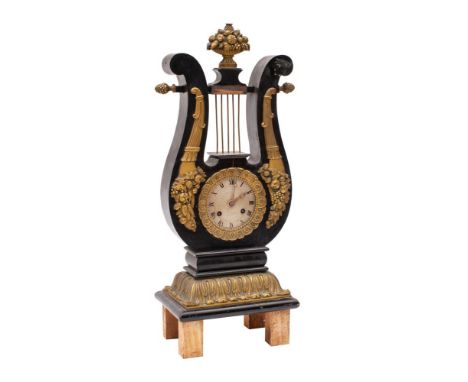 Cailly,  A French ebonised lyre clock, the eight-day duration movement striking the hours and half-hours on a bell with an ou