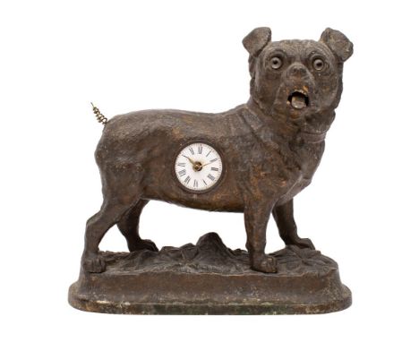 An unusual Victorian automata cast metal dog with inset watch the round white enamel dial having black Roman numerals and bra