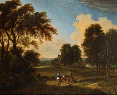 Attributed to Jan Wijnants (Dutch, 1632-1684)An extensive wooded landscape with riders on a path and dogs in the foreground, 