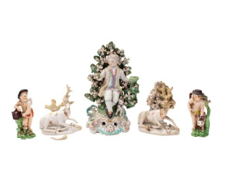A mixed lot of Derby figures, late 18th/19th century comprising a pair of white and gilt figures of a stag and doe; a small p