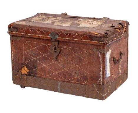 An Anglo Indian leather covered wood yakhdan trunk, second half 19th century,: of rectangular form; the cover, front and side