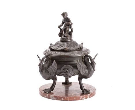 A 19th century bronze vase and cover, the foliate decorated domed top surmounted by a seated putto, the circular vase with gr