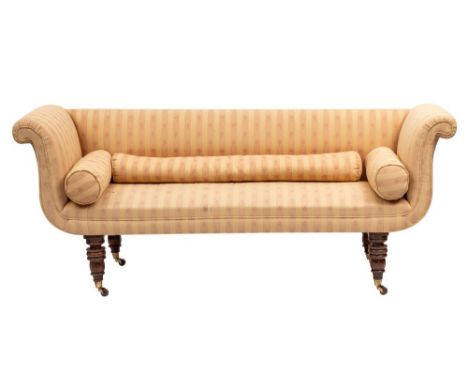 A George IV mahogany and upholstered sofa, circa 1825; the straight back, outscrolled ends, seat and bolsters all with stripe