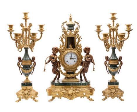 Franz Hermle, Imperial, a reproduction gilt-metal and marble clock garniture,  the eight-day duration movement having a float