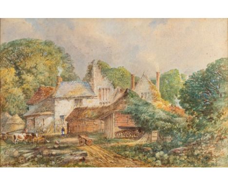 W. Newbery (British School, 19th century)Farmhouse with ruins, thought to be Colcombe Castle, Colyton, dated 1886signed lower