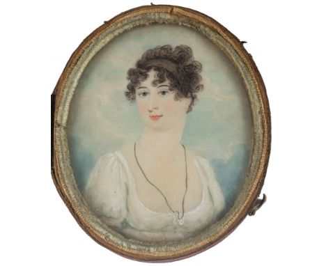 British School (early 19th century)A miniature portrait of a lady, circa 1800-1810wearing an Empire style dress, the hair pil