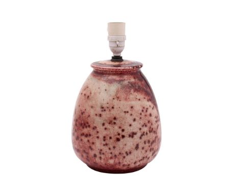 A Ruskin high-fired lamp base covered in a mottled flambé and green speckled glaze, impressed marks 'Ruskin England 1932', ba