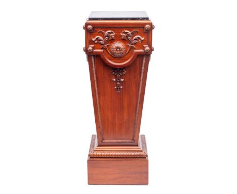 A mahogany and marble mounted plinth in 19th century taste, modern; the polished black top above the tapering, square section