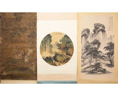 Two Chinese scroll paintings of mountainous landscapes, a Chinese scroll paining of figures seated in a wooded landscape, a J