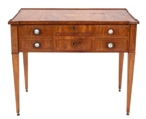 A late George III mahogany and marquetry enclosed dressing table, circa 1800; the hinged top with central fan patera motif an