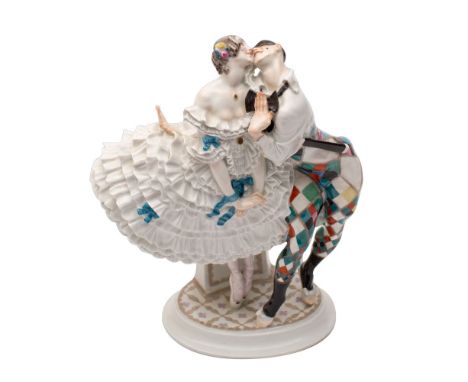 A rare Meissen figure of Harlequin &amp; Columbine modelled by Paul Scheurich from the Russian Ballet 'Carneval', the two fig