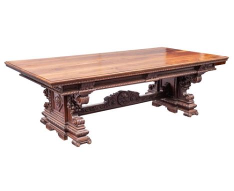 A fine and substantial Italian walnut centre or dining table in Renaissance style, late 19th century; the rectangular top wit