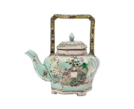 A Chinese famille verte biscuit 'Hundred Antiques' teapot and cover of hexagonal bombe form with square section handle and sp