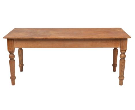 A pine and beech farmhouse style kitchen table, late 19th / early 20th century,: the rectangular top and plain friezes on str