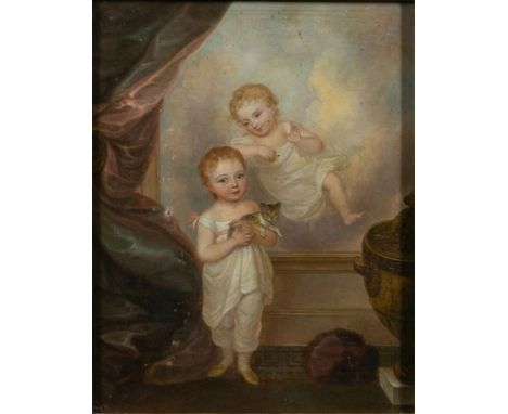 English School (late 18th/early 19th century)A portrait of two children in an interior, possibly a mourning portrait, one sta