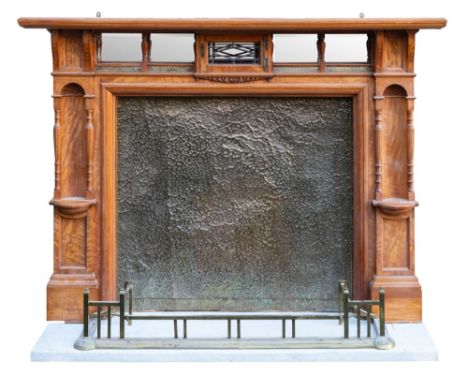 A Victorian satin birch and marquetry chimneypiece in Neoclassical style, circa 1880; the shelf with moulded edges, above an 