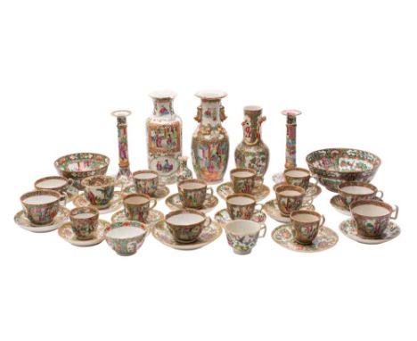 A mixed lot of Chinese Canton famille rose porcelain including a pair of candlesticks, four vases, two bowls and thirty two v