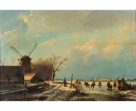 Attributed to Andreas Schelfhout (Dutch, 1787-1870)A frozen waterway with ice skaters and koek-en-zopie, with windmills and v