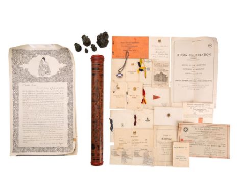 A set of five bronze Burmese opium weights in the form of birds, together with scrolls, ephemera, badges, dance cards, invite