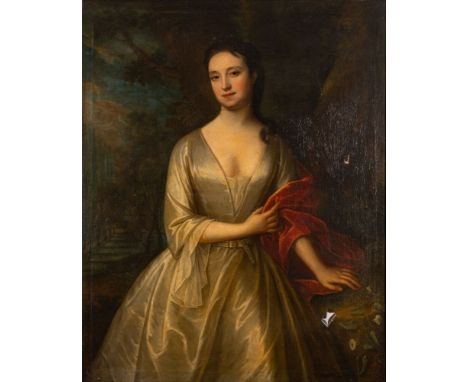 Attributed to Enoch Seeman the Younger (1694-1744)A pair of portraits; an unknown lady and gentleman before classical archite