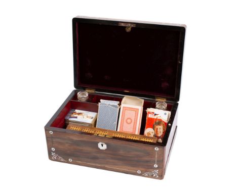 A Victorian m.o.p. inlaid rosewood travelling dressing box,  the divided interior with two cut glass bottles and stoppers, a 