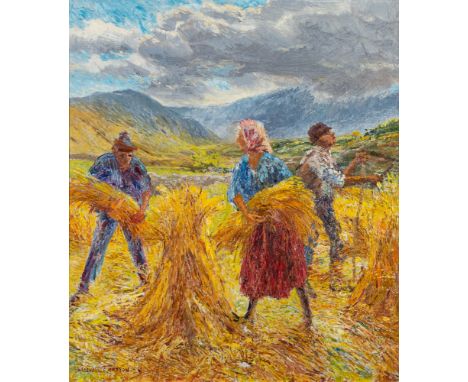 *Marshall C. Hutson (Irish, 1903-2001)Stooking Corn - Coomasaharm - Kerry - Eirea harvest scenesigned lower left and further 