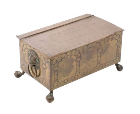 An 18th century dated brass tobacco box engraved with two lighthouses either side of the inscription 'P.Larkins 1772', the fr
