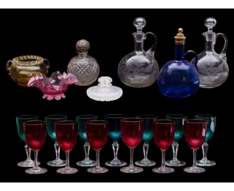 A mixed quantity of glassware comprising two clear and one blue claret flask of flattened oviform, two cut glass table scents